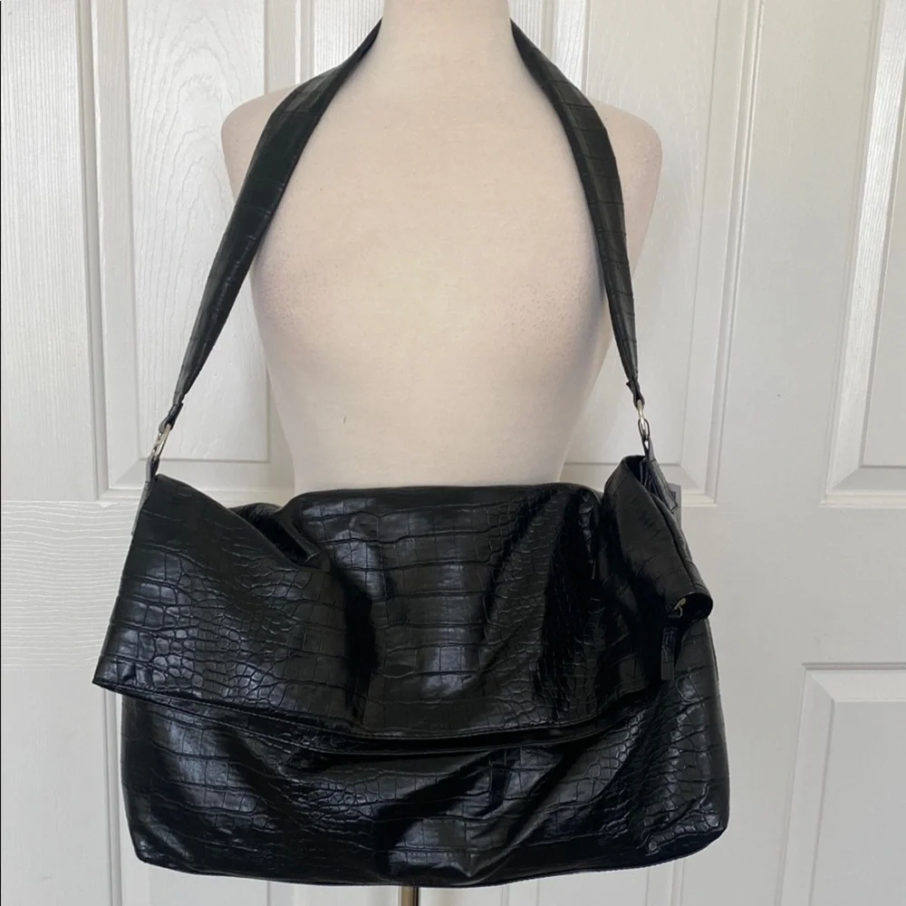 Zara Vegan Leather Black Croc Tote Bag New - Picture 1 of 11